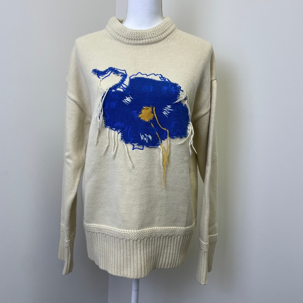 ADER Error Ivory Wool Knit Bluessom Flower Sweater Size A2 FW2020 - Picture 2 of 16